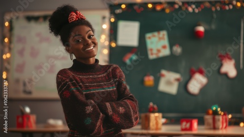 Joyful young school teacher in holiday sweater posing in decorated school classroom during holiday season with gifts around.