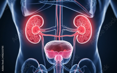 3D illustration of the human urinary system, with the kidneys highlighted in red. photo