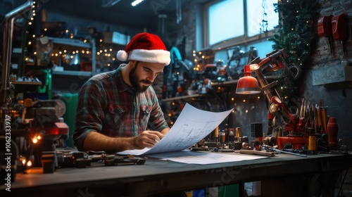 A man in a Santa hat reviews blueprints in a cozy workshop adorned for the holidays during winter evenings photo