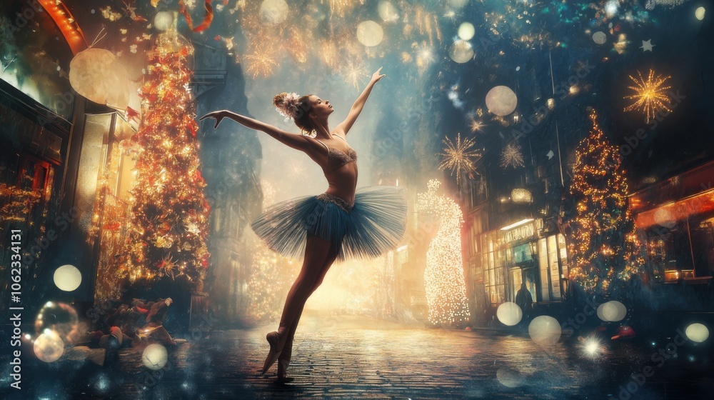 A dancer performs gracefully amidst festive lights and decorations in a vibrant holiday atmosphere A dancer performs gracefully amidst festive lights and decorations in a vibrant holiday atmosphere