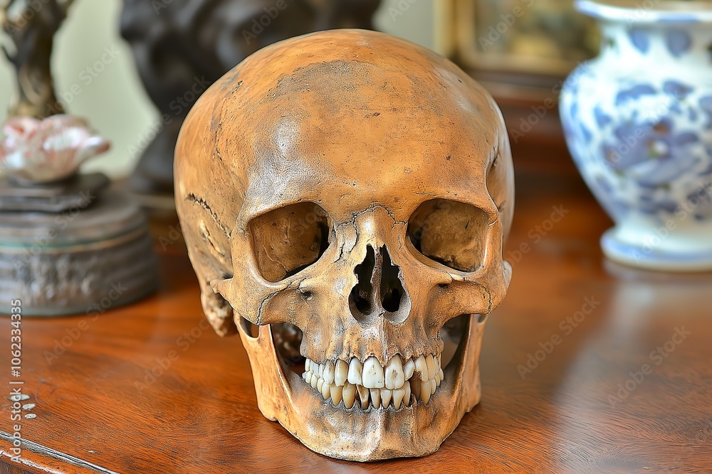 Detailed examination of a human skull displayed on a wooden surface Detailed examination of a human skull displayed on a wooden surface