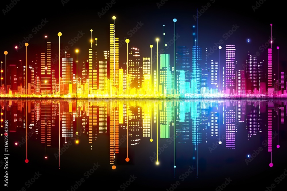 Obraz premium Colorful equalizer wallpaper of a night city skyline