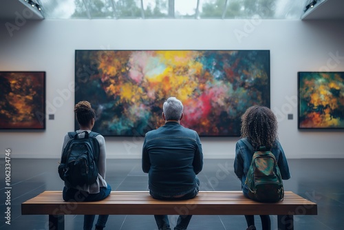 A diverse group of five people of various ages and ethnicities admire contemporary art at a vibrant gallery during a sunny afternoon
