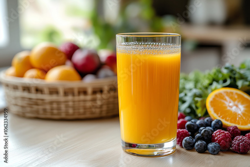 Refreshing citrus drink with vibrant berries and fresh fruits in a cozy kitchen