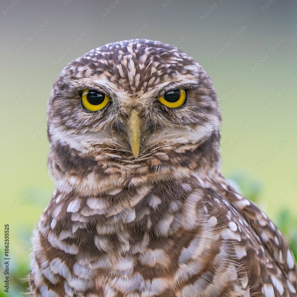 Close-up of a burrowing owl with yellow eyes Close-up of a burrowing owl with yellow eyes