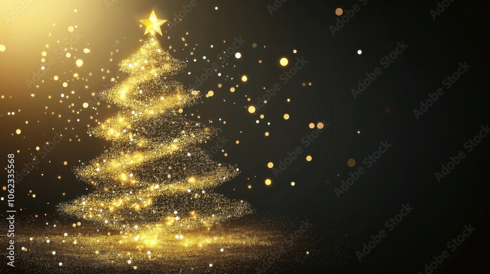 A sparkling golden Christmas tree illuminated by soft lights against a dark background creates a magical holiday atmosphere A sparkling golden Christmas tree illuminated by soft lights against a dark background creates a magical holiday atmosphere