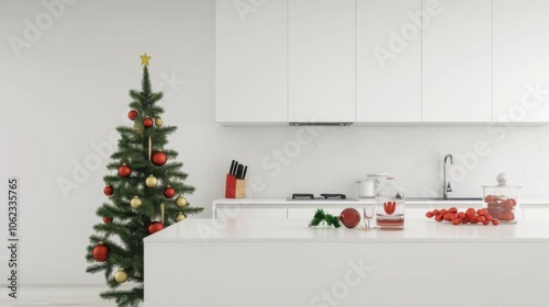 Modern kitchen decorated for Christmas with a tree, festive ornaments, and holiday decorations in a bright, minimalist space