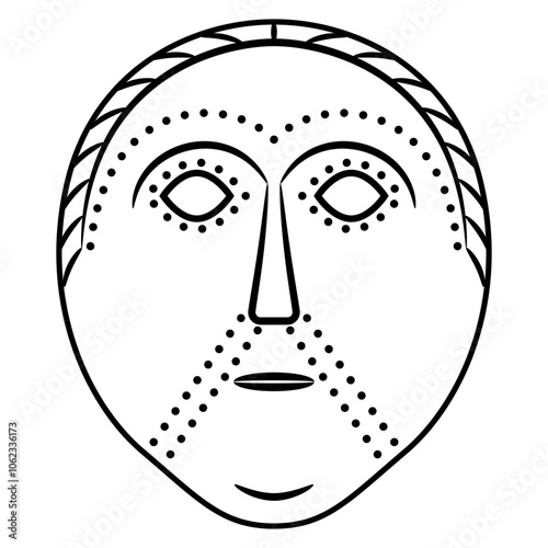 Viking Norse mask from ancient Dania. Stylized human face. Black and white linear silhouette.