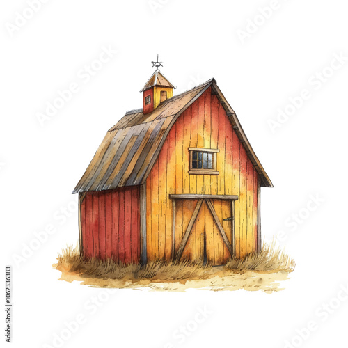 barn lanscape vector illustration in watercolor style