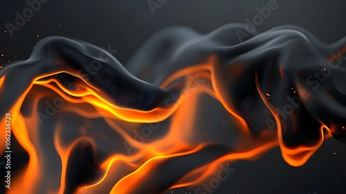 Black background, orange and black abstract shapes, digital art style, flowing lines, black flames, flowing forms