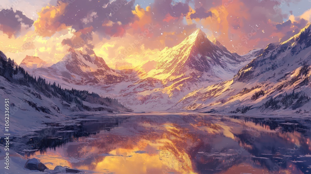 Obraz premium Snow-covered mountain range glowing in the warm light the setting sun