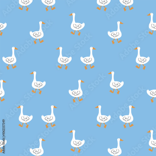 Pattern with miles walking geese on a blue background.