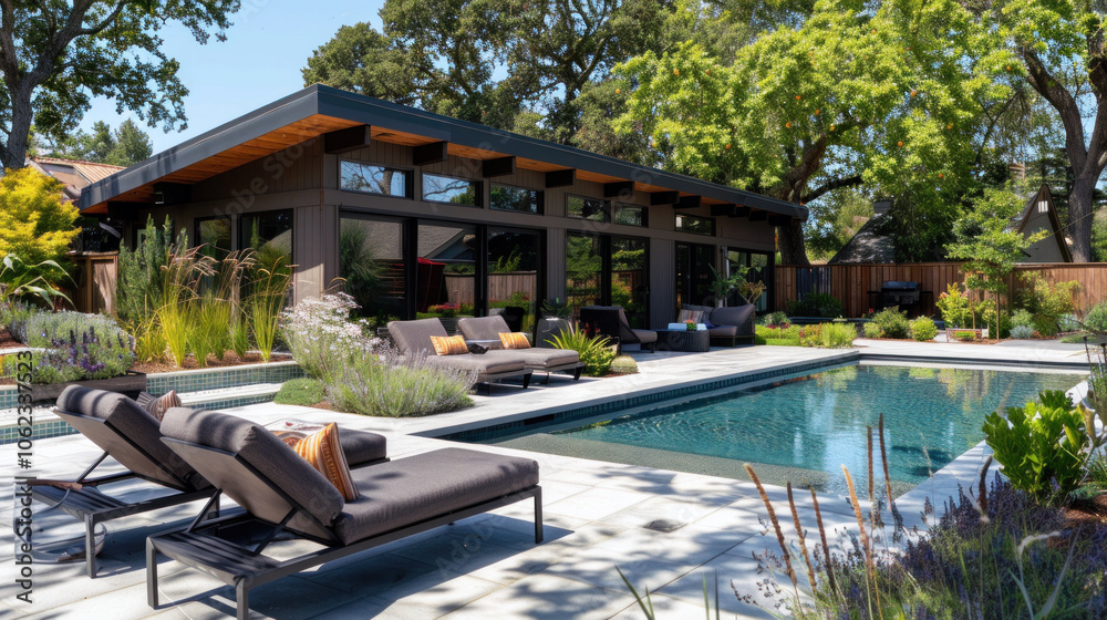 Fototapeta premium Modern backyard with a sleek rectangular pool flanked by stylish black sun loungers and lush landscaping, reflecting an upscale, tranquil setting.