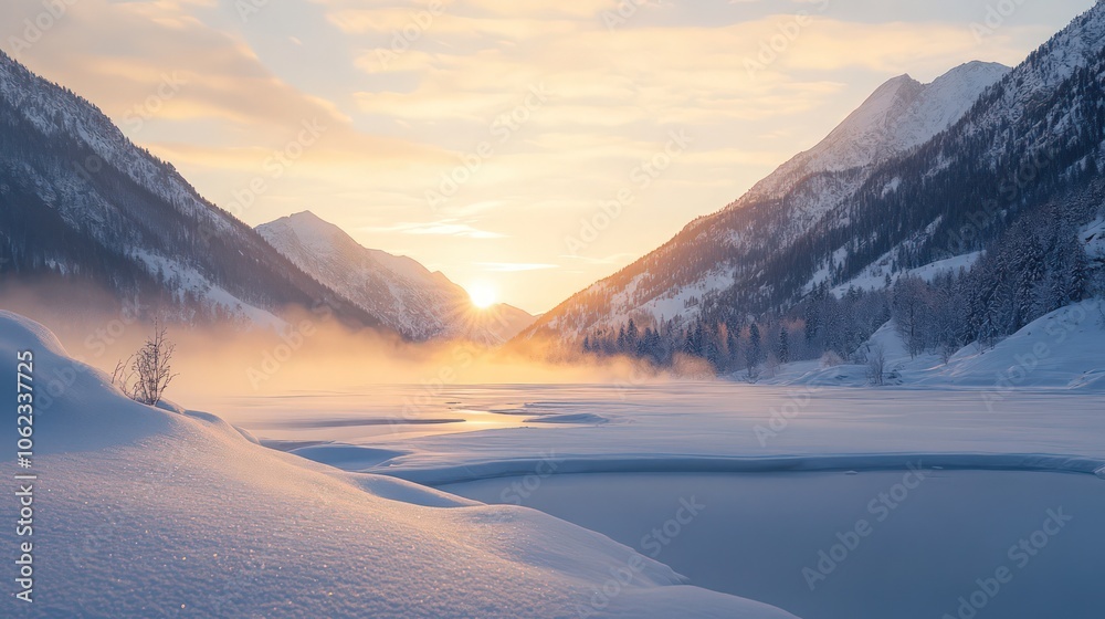 Snow-covered valley at sunrise, with soft light illuminating the distant mountains and a frozen river Snow-covered valley at sunrise, with soft light illuminating the distant mountains and a frozen river