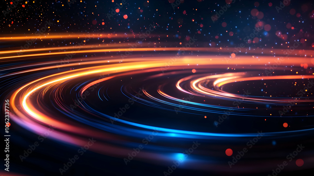 A dynamic abstract of glowing light trails in blue and orange hues, forming a circular motion pattern against a dark backdrop. A dynamic abstract of glowing light trails in blue and orange hues, forming a circular motion pattern against a dark backdrop.