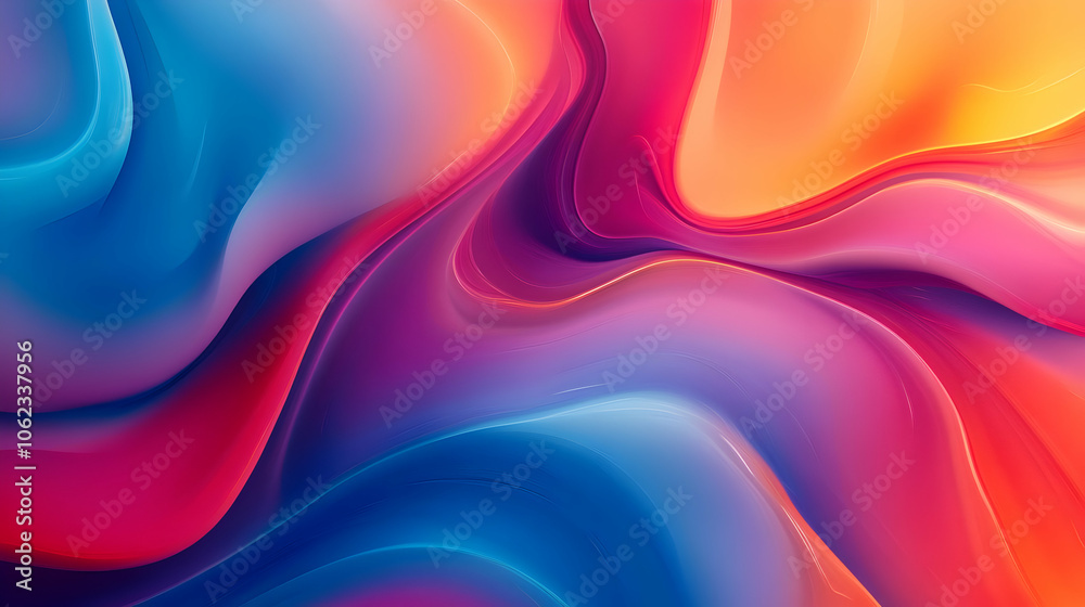 A fluid abstract featuring swirling patterns in orange, pink, and blue hues, with a glossy and luminous finish, evoking a sense of energy and movement.