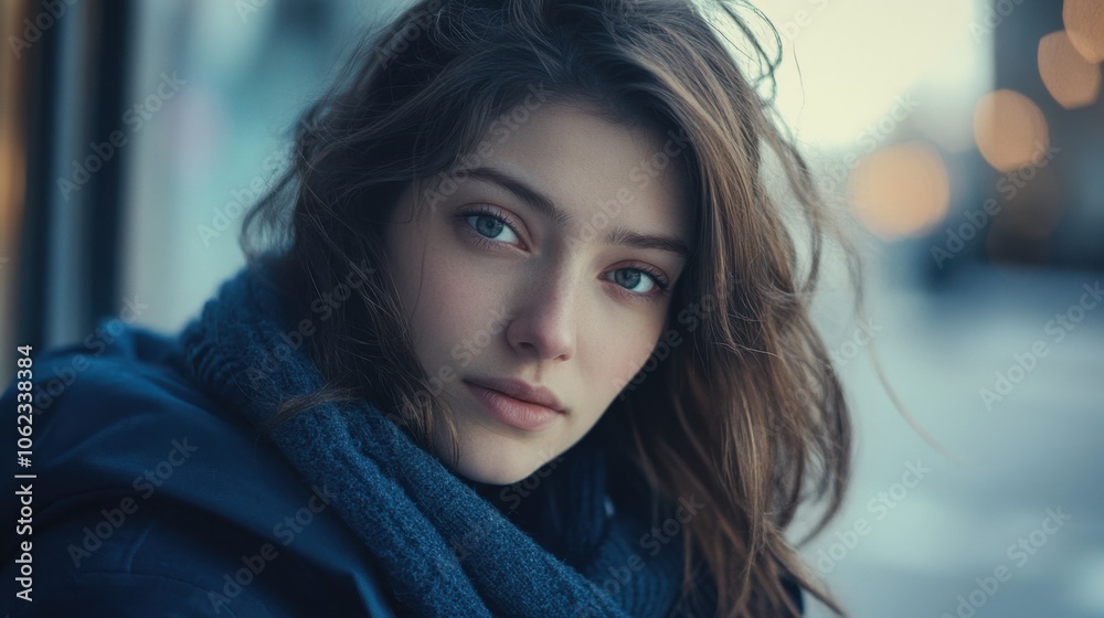 Portrait of a young woman in a winter coat and scarf looking at the camera outdoors Portrait of a young woman in a winter coat and scarf looking at the camera outdoors