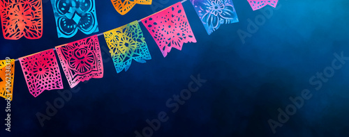 Papel Picado banner background with Mexican paper cut-out flags for a fiesta party