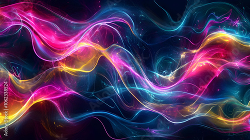 A vibrant abstract of intertwined, colorful waves in shades of pink, blue, and yellow on a dark background, creating energy and motion.