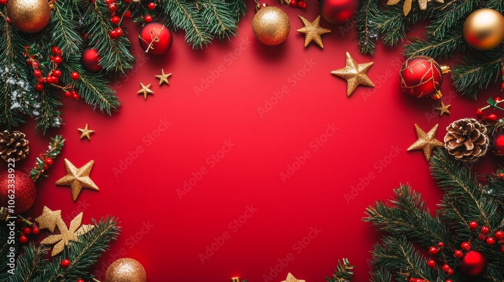Christmas background with decorations along the edges. Christmas tree branches, gold glitter balls, stars, and garland. Flat lay, top view on a dark background with copy space. Christmas background with decorations along the edges. Christmas tree branches, gold glitter balls, stars, and garland. Flat lay, top view on a dark background with copy space.