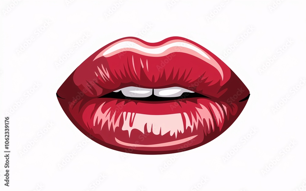 Obraz premium Close-up of a pair of red, glossy lips with white teeth showing.