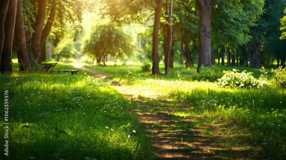 A winding path leads through a lush green forest on a sunny day A winding path leads through a lush green forest on a sunny day