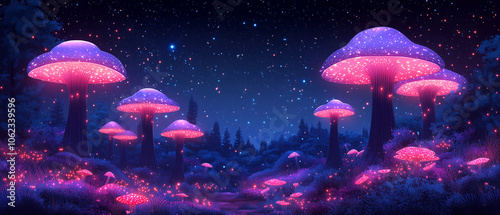 Illustration vectorielle d'une forêt enchantée avec arbres, champignons et fleurs bioluminescentes