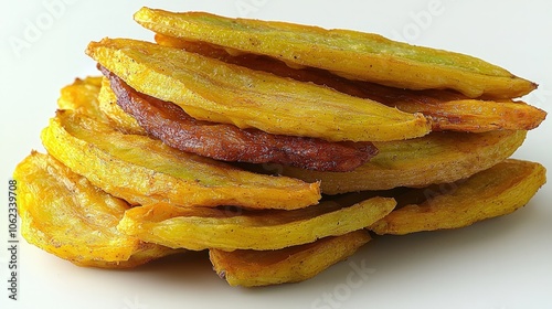 Crispy fried plantain slices on white background: delicious tropical snack photo