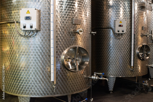 Stainless steel metal barrels for storing wine in a wine pub, cellar. Wine production equipment. Vinification technology