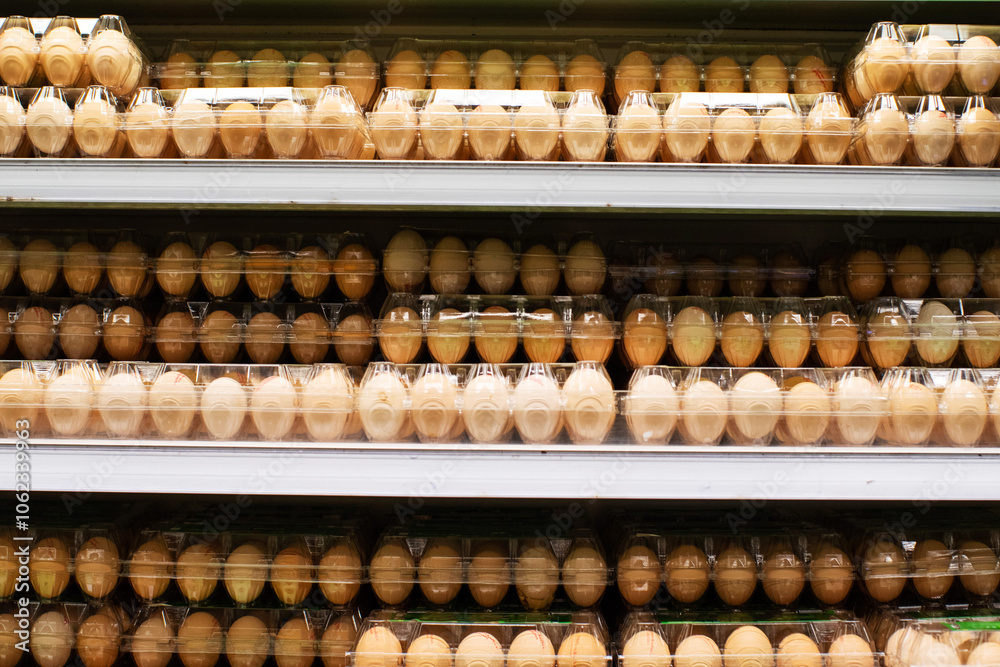 Fresh chicken eggs in plastic packaging neatly laid out on shelves in a refrigerator in a supermarket Fresh chicken eggs in plastic packaging neatly laid out on shelves in a refrigerator in a supermarket