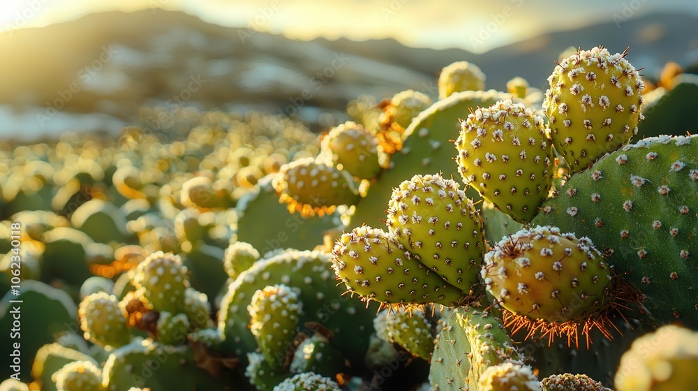 Golden sunlight on prickly cactus field at dawn in desert landscape Golden sunlight on prickly cactus field at dawn in desert landscape
