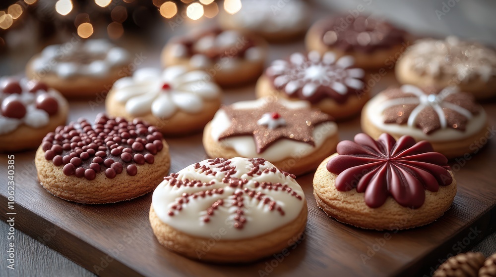 A close-up view of an assortment of decorated Christmas cookies on a wooden serving board. A close-up view of an assortment of decorated Christmas cookies on a wooden serving board.