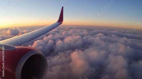 Airplane wing and engine above clouds at sunset.