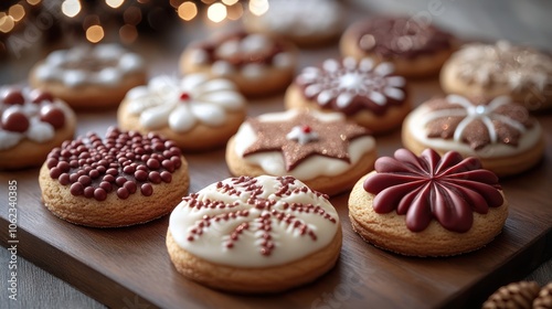 A close-up view of an assortment of decorated Christmas cookies on a wooden serving board.