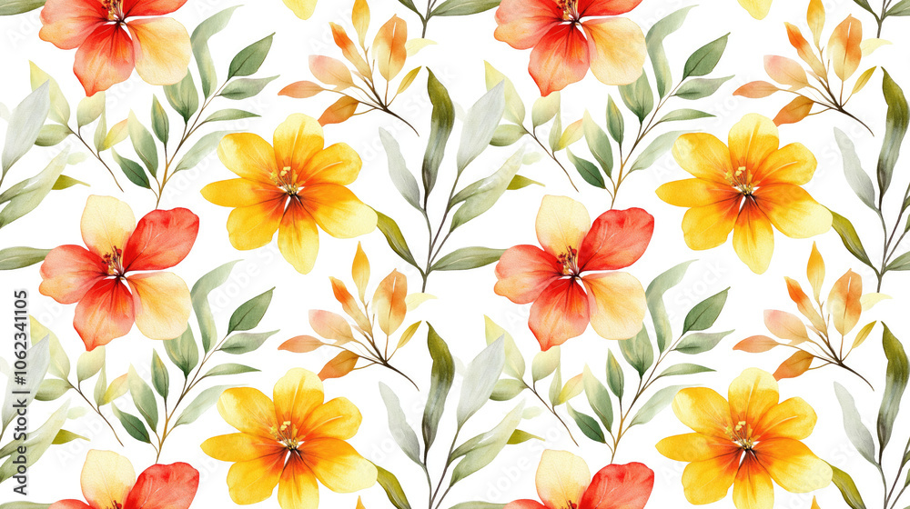 Watercolor leaf and flower seamless pattern vibrant botanical design on white background Watercolor leaf and flower seamless pattern vibrant botanical design on white background