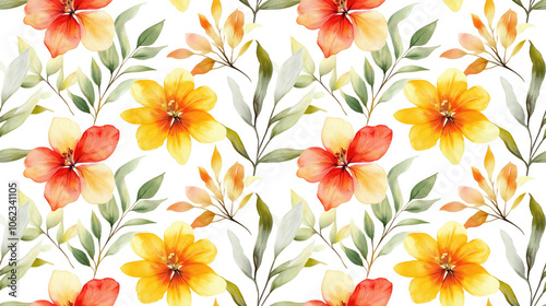 Watercolor leaf and flower seamless pattern vibrant botanical design on white background