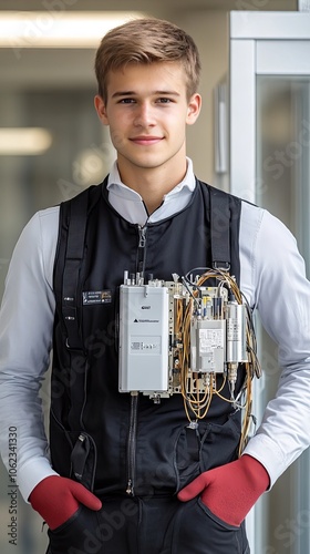 An electrician skillfully handles wires and copper cables while working on a residential project, showcasing his expertise photo