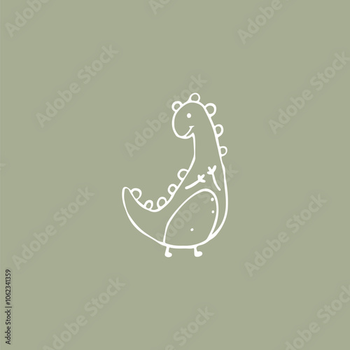 Dino hand-drawn vector illustration of a cute dinosaur in a simple, childish doodle sketch style, with a marker-drawn effect. White outline on green olive background.