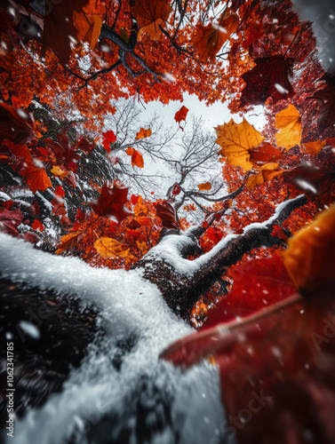 Vibrant red and orange leaves cascade from branches, mixing with fresh snowfall on the ground in a tranquil forest. The contrast creates a breathtaking seasonal transition.