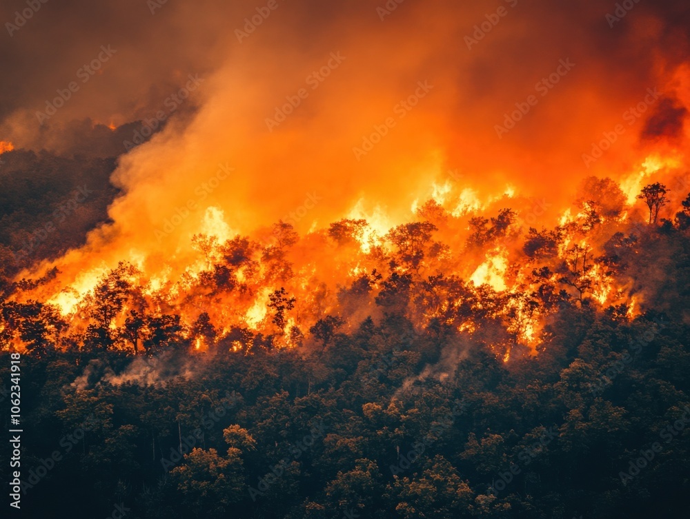 An intense aerial view of a massive wildfire raging through a dense forest, with towering flames and smoke creating a dramatic and destructive scene. An intense aerial view of a massive wildfire raging through a dense forest, with towering flames and smoke creating a dramatic and destructive scene.