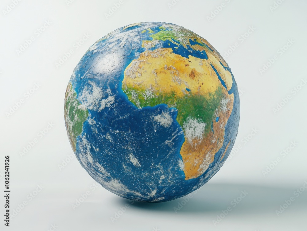 A realistic depiction of Earth against a white background, emphasizing an environmental theme. The vibrant globe showcases continents and oceans vividly. A realistic depiction of Earth against a white background, emphasizing an environmental theme. The vibrant globe showcases continents and oceans vividly.