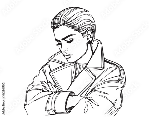 Sad shackled woman in jacket, sketch