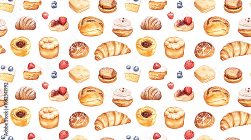 Seamless watercolor pattern featuring an assortment of bakery products ideal for fabric design and craft projects