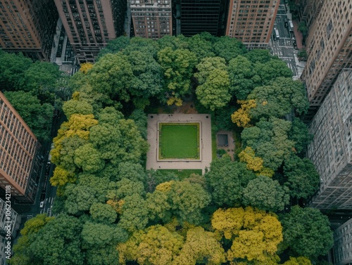 Aerial view of a vibrant green park square surrounded by urban buildings, highlighting the contrast between nature and city life.