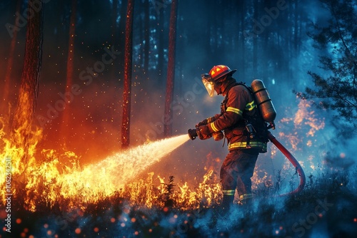 Brave firefighter extinguishing wildfire in burning forest at night using water hose to extinguish flames