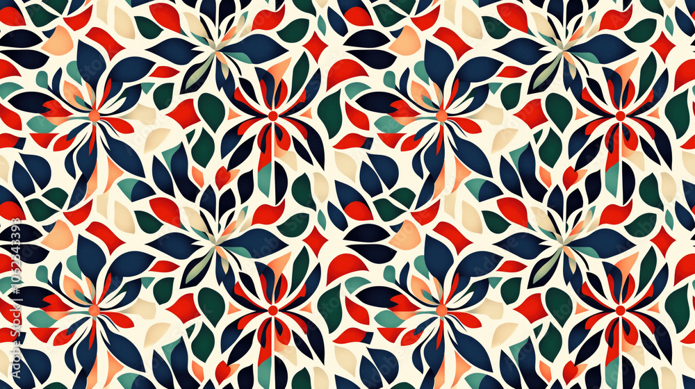 Seamless geometric pattern featuring a vibrant mix of red green beige and blue hues perfect for swimwear designs Seamless geometric pattern featuring a vibrant mix of red green beige and blue hues perfect for swimwear designs