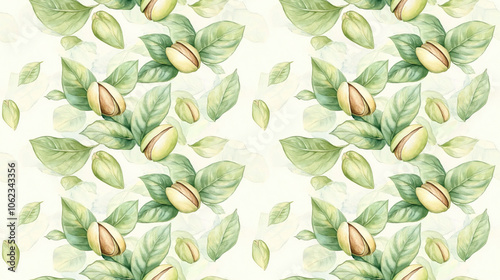 Seamless hand painted watercolor pistachios surrounded by delicate leaves perfect for fabric and wallpaper design