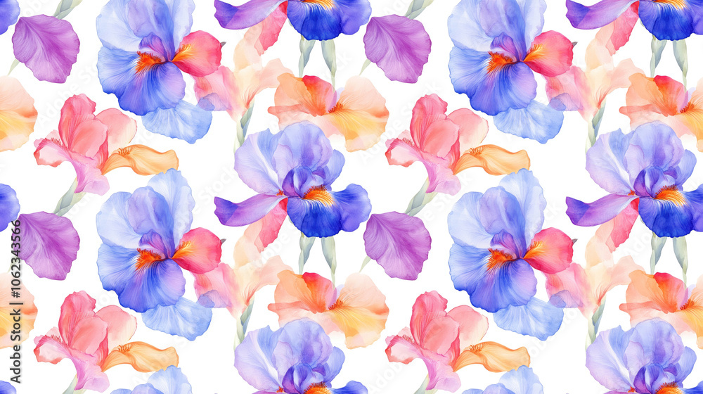 Seamless abstract pattern featuring a vibrant watercolor bouquet of iris flowers ideal for decorative textiles and artistic projects Seamless abstract pattern featuring a vibrant watercolor bouquet of iris flowers ideal for decorative textiles and artistic projects