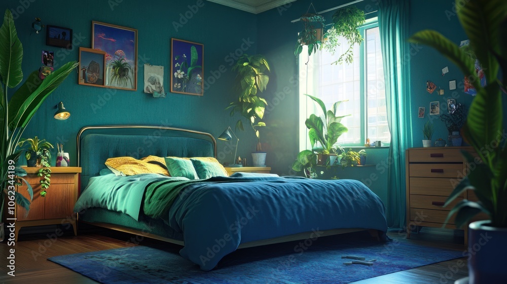 Teal Bedroom with Lush Greenery Teal Bedroom with Lush Greenery