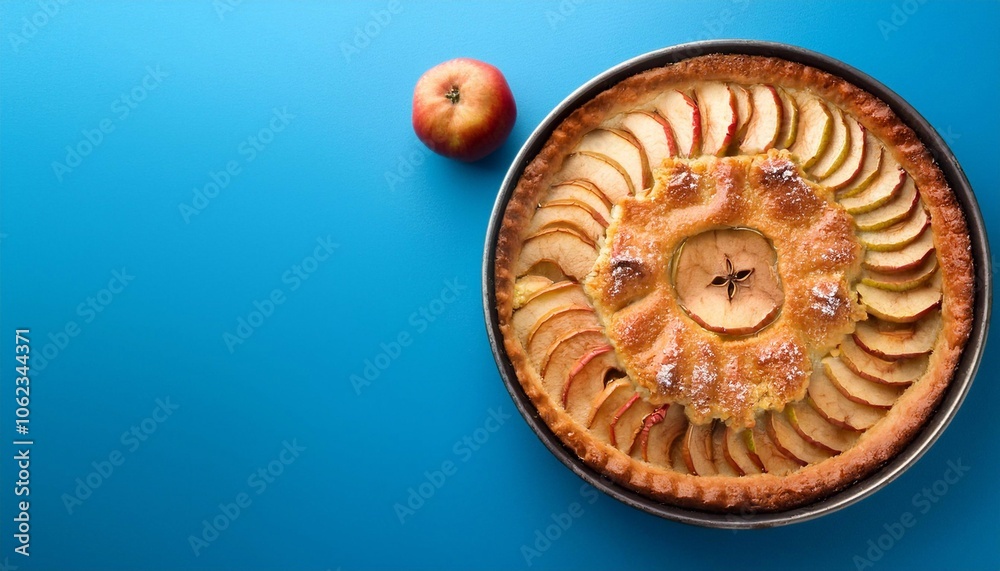 apple pie charlotte on blue background top view with space for text apple pie charlotte on blue background top view with space for text